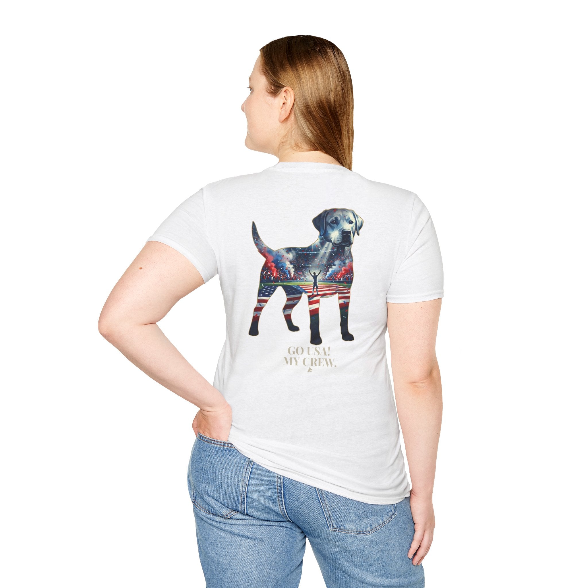 Labrador Retriever-Go USA! Soccer T-Shirt | Chest + Back