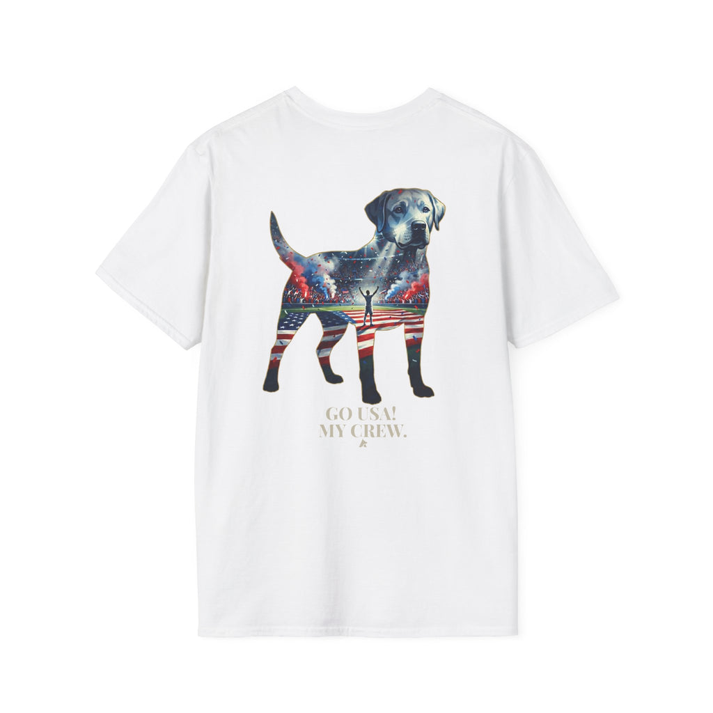 Labrador Retriever-Go USA! Soccer T-Shirt | Chest + Back