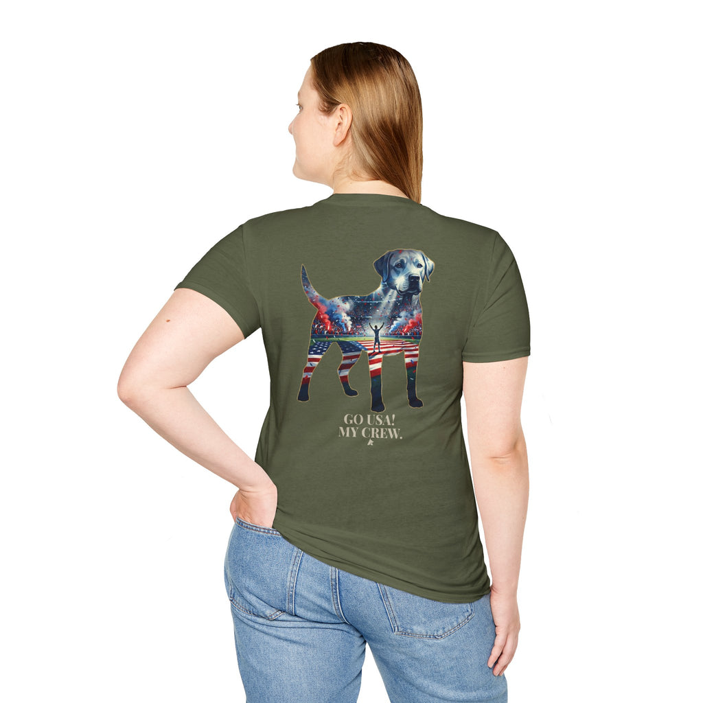 Labrador Retriever-Go USA! Soccer T-Shirt | Chest + Back